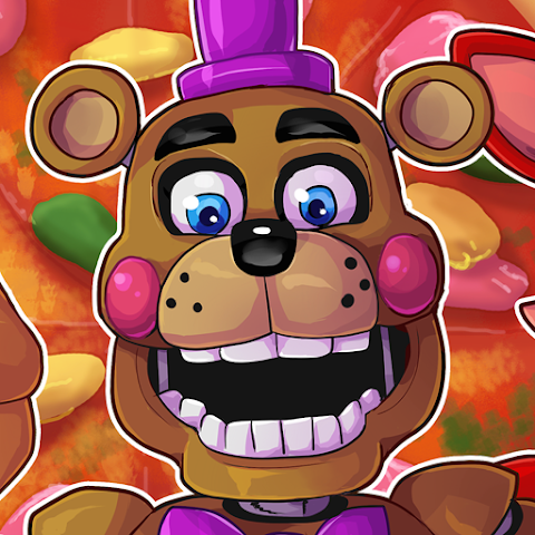 Oso animatrónico de dibujos animados, colorido, con sombrero de copa morado, ojos azules, mejillas rosadas y una amplia sonrisa dentuda, centrado sobre un fondo naranja cálido.