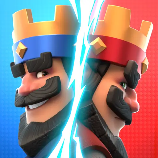 Clash Royale APK para Android Última Versión 38 Dos reyes medievales de estilo caricatura se enfrentan espalda contra espalda —uno vestido de azul y el otro de rojo—, separados por un rayo brillante; el estilo artístico del juego, audaz y desenfadado, transmite rivalidad.