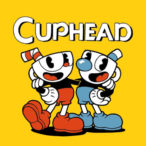 Cuphead y Mugman posan con confianza bajo el logotipo de CUPHEAD sobre un fondo amarillo brillante, sonriendo al estilo de los dibujos animados clásicos y coloridos.
