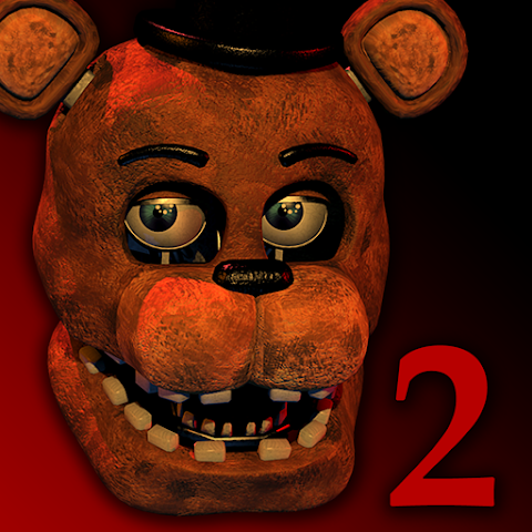Primer plano de Freddy Fazbear, un oso animatrónico marrón desgastado con ojos brillantes y dientes irregulares, junto a un gran número 2 rojo; tono inquietante.