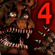 Un oso animatrónico gruñente y deteriorado, con ojos brillantes y hileras de dientes afilados, se alza amenazador en la oscuridad junto a un número 4 rojo, evocando un juego de terror.