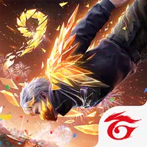 Dynamic fantasy game artwork shows a silver-haired warrior in dark armor amid fiery golden shards and energy, with a red-and-white logo below.