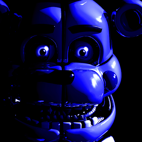 Primer plano de la cara de un oso animatrónico iluminada en azul, con ojos brillantes, hocico redondeado, dientes expuestos y una expresión amenazante sobre fondo negro.