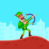 Personaje de dibujos animados de un arquero sosteniendo un arco y una flecha en una colina roja con el horizonte azul de una ciudad al fondo.