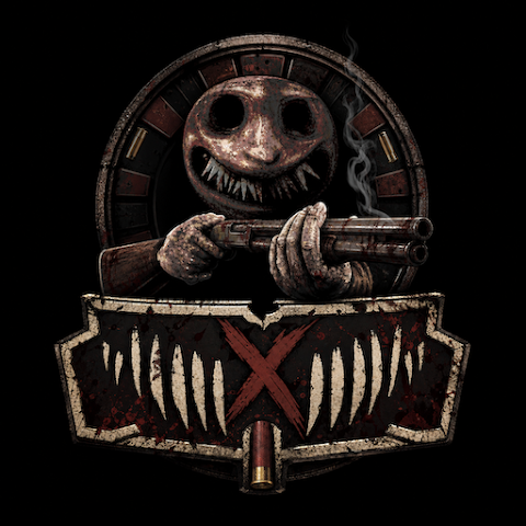 Sinister grinning skull-like creature aims a double-barreled shotgun above a blood-stained horror emblem, creating a menacing tone.