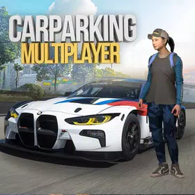“Gráfico del juego multijugador de aparcamiento de coches que muestra a una mujer junto a un coche deportivo BMW blanco, con el título en negrita y una escena de aparcamiento urbano muy luminosa.”
