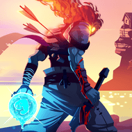Un guerrero al estilo anime, con el pelo rojo llameante, se yergue decidido al atardecer, blandiendo una espada y una esfera azul brillante contra los acantilados y el paisaje urbano.
