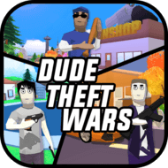 Miniatura animada del videojuego "Dude Theft Wars", que muestra personajes con armas en una colorida calle de la ciudad; el título en negrita y color blanco transmite una sensación de acción caótica