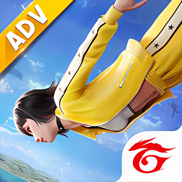 Un personaje de estilo anime con un mono amarillo se zambulle en un cielo azul brillante, con el texto "ADIV" y el logotipo rojo de Garena; tono dinámico y aventurero.