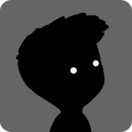 Silhouette of a dark-haired boy with glowing white eyes on a gray background, representing the Limbo game character.