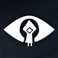 Emblema blanco con forma de ojo sobre fondo oscuro, con una figura geométrica central en blanco y negro que se asemeja a una persona o a una cerradura.