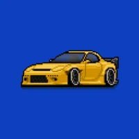 Coche deportivo amarillo estilo pixel art visto de perfil, con detalles en negro y faros redondeados, sobre un fondo azul marino sólido.