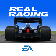 Gráfico promocional con un coche de carreras visto desde atrás en una pista, la frase "REAL RACING" en blanco en la parte superior y el logotipo de EA en la parte inferior, sobre un cielo azul.