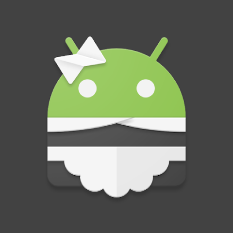 Logotipo estilizado de un robot androide verde con un avión de papel blanco en la cabeza, ojos en blanco y una sección inferior blanca similar a una nube sobre fondo gris.