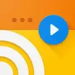 Fondo con degradado de naranja a amarillo, con un botón de reproducción circular azul y arcos blancos curvos que simulan ondas sonoras en la parte inferior izquierda; aparecen tres puntos arriba.