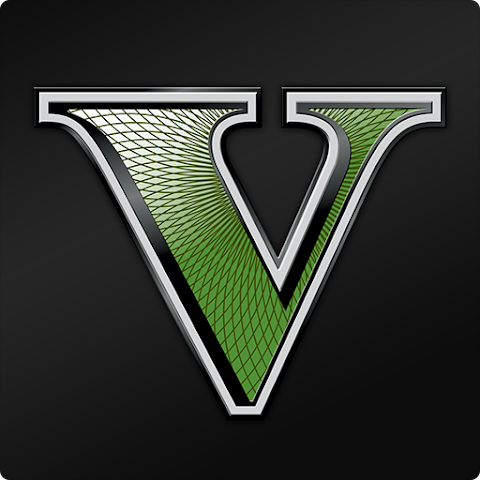 GTA 5 logo featuring a stylized green Roman numeral “V” with a silver and black metallic border on a dark background.