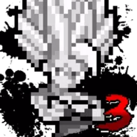 Pixel-art scene on a black background: a white-and-gray winged creature crouches over a red, curled shape, creating a surreal, dramatic mood.