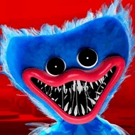 Poppy Playtime Capítulo 1 APK para Android — Descarga Gratis 2 Un monstruo de dibujos animados peludo y de color azul brillante mira fijamente con los ojos muy abiertos y una boca enorme de bordes rojos llena de dientes afilados, mostrando un aspecto juguetón a la vez que inquietante.