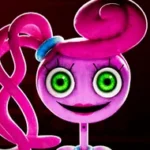 Cartoon pink octopus with a smiling face, bright green eyes, and curling tentacles against a black background; playful, cheerful tone.